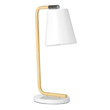 Bruin table lamp with curved wooden arm and white ceramic base and shade perfect modern table lamp with white metal details