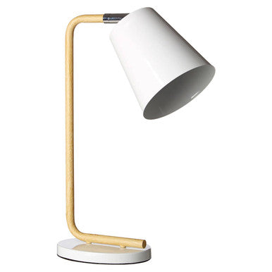 Bruin table lamp with a sleek white metal conical shade on a curved gold-toned arm and matching circular base