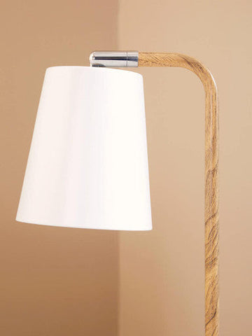 Bruin white table lamp with a sleek white metal conical shade and twisted wood textured stand with chrome accent