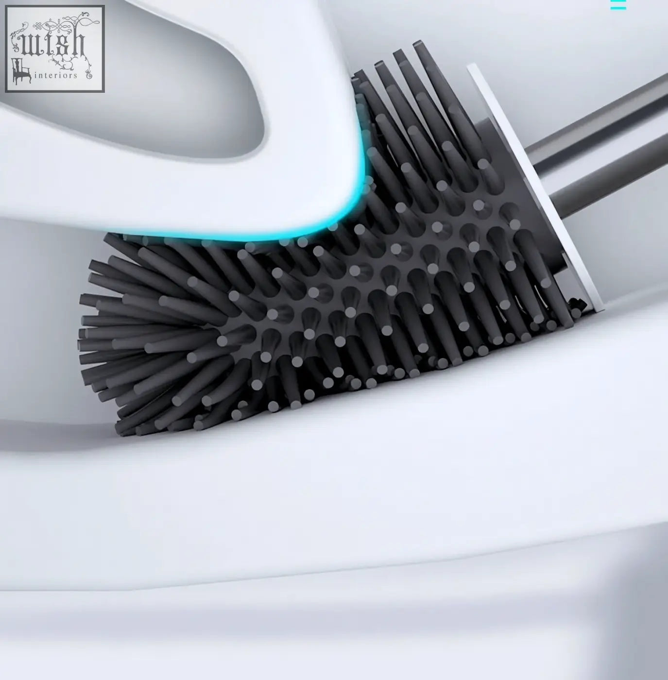 Black bristle toilet brush with a sleek metallic handle and white plastic base for modern bathroom use