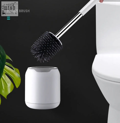 A sleek toilet brush with a polished chrome handle and black bristles in a white holder for bathroom use