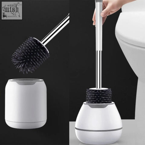 White ceramic toilet brush holder with sleek silver handle and black bristles for bathroom household use