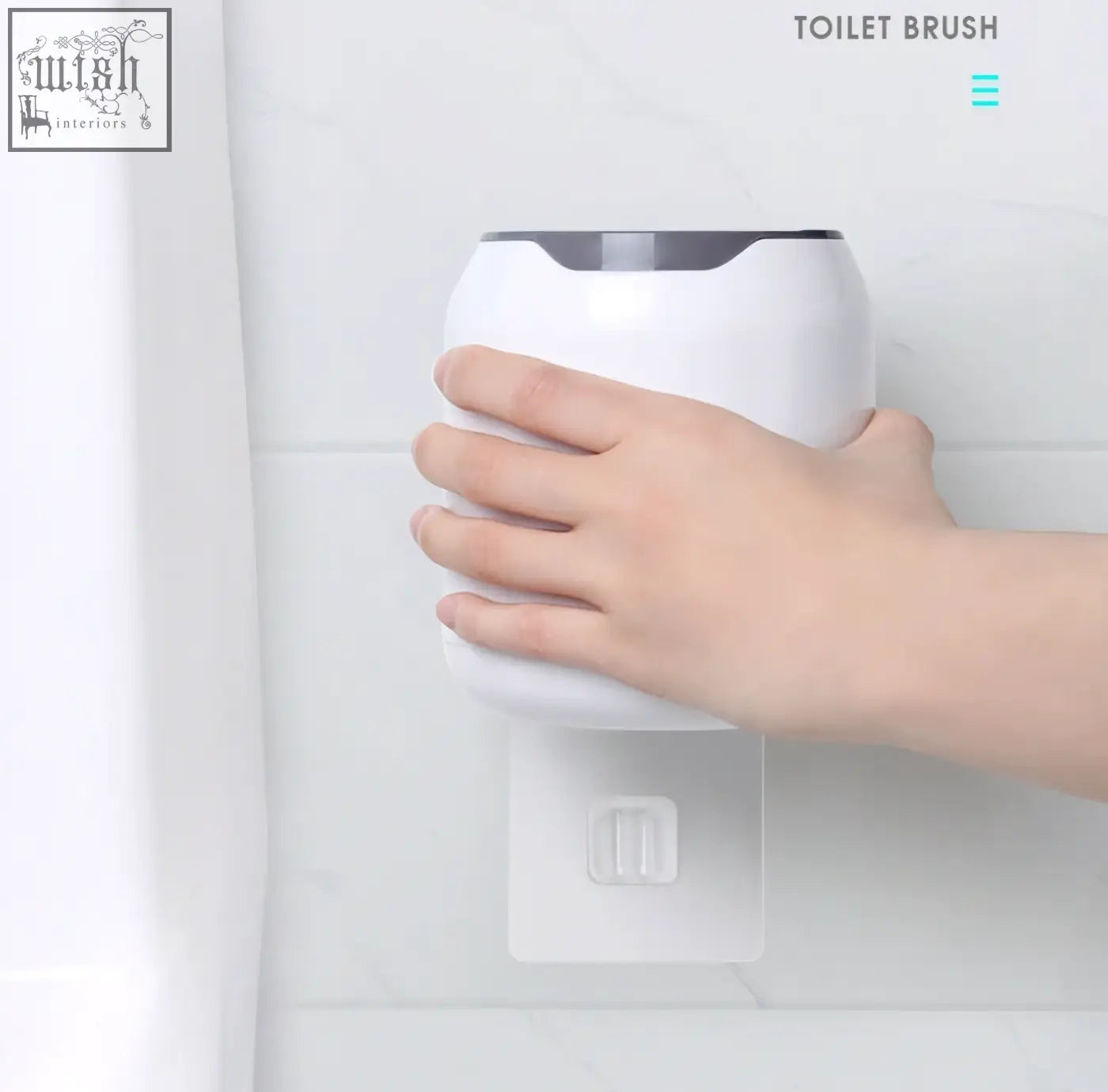 White plastic toilet brush holder with gray lid accent mounted on wall for bathroom household use