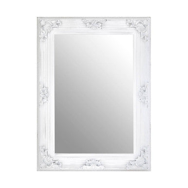 White ornate wall mirror with intricate carved detailing in antique white brussels baroque antique style frame