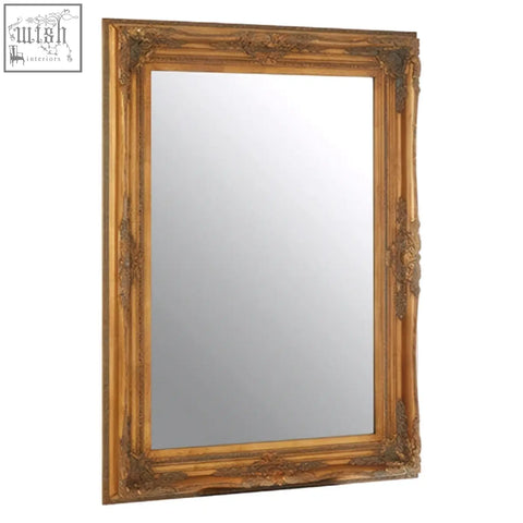 Golden ornate brussels baroque rectangular wall mirror with intricate antique gold carvings in classic style