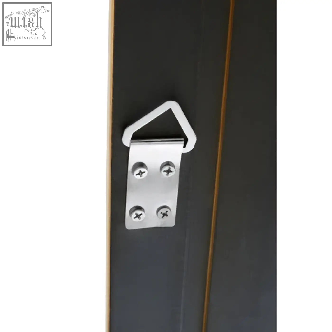 Back of brussels baroque rectangular antique gold wall mirror with silver metal hanging bracket and triangular loop