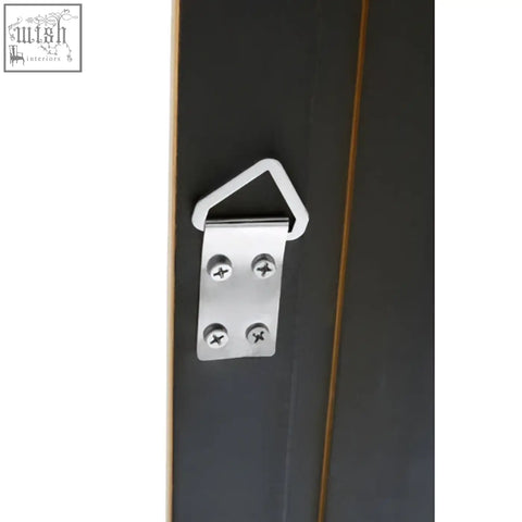 Back of brussels baroque rectangular antique gold wall mirror with silver metal hanging bracket and triangular loop