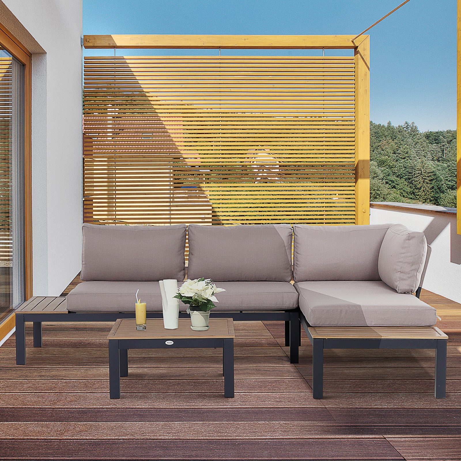 Outsunny 3 Pieces Garden Furniture Set, Aluminium 4 Seater Corner Sofa Set with 2 Loveseats, Coffee Table and Side Trays, Outdoor Conversation Furniture with Cushions for Garden, Black