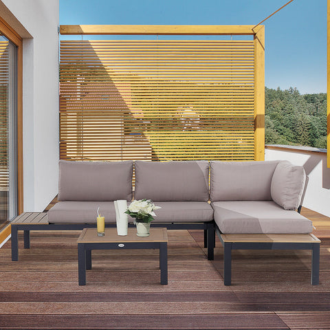 Outsunny 3 Pieces Garden Furniture Set, Aluminium 4 Seater Corner Sofa Set with 2 Loveseats, Coffee Table and Side Trays, Outdoor Conversation Furniture with Cushions for Garden, Black