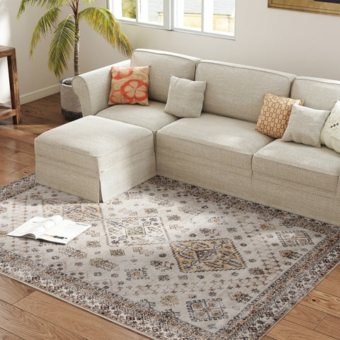 HOMCOM Vintage Area Rug, Non-Slip Washable Rug, Flannel Floor Carpet for Living Room, Bedroom, Dining Room, Home Office, 230 x 160 cm, Beige
