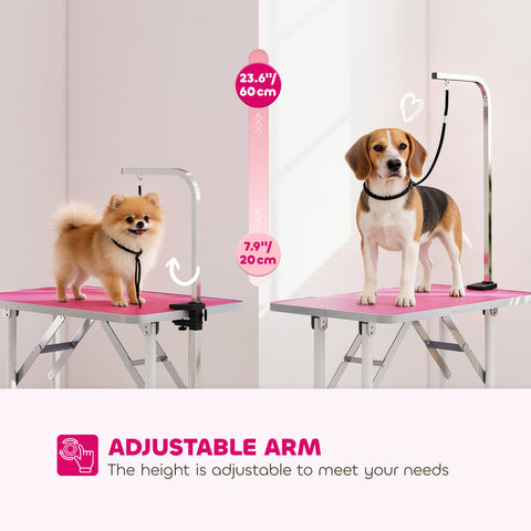PawHut 32" Foldable Dog Grooming Table Pet Drying Beauty Table Adjustable Fixed Arm Rubber Top, Pink
