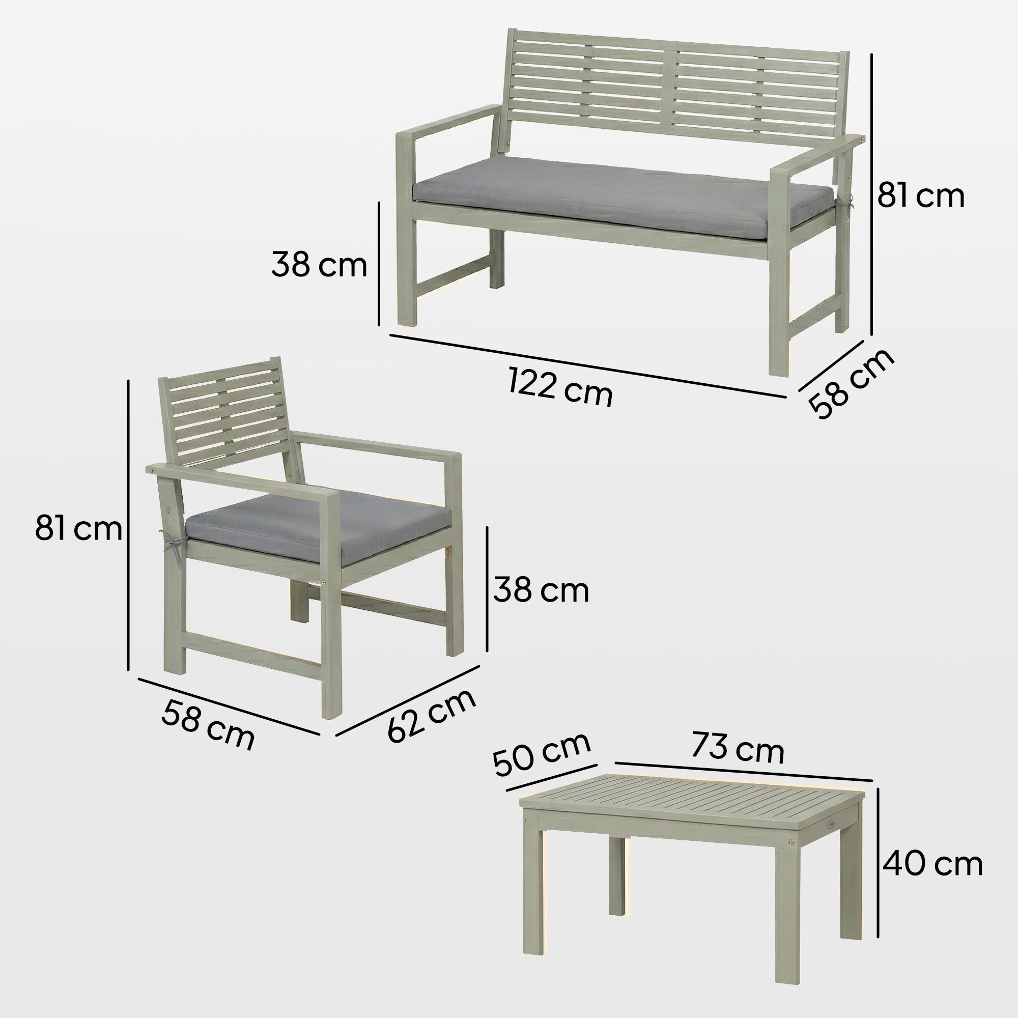 Outsunny 4 Seater Wooden Garden Furniture Set with Loveseat, Armchairs, Table, Acacia Wood Garden Sofa Set, Light Grey