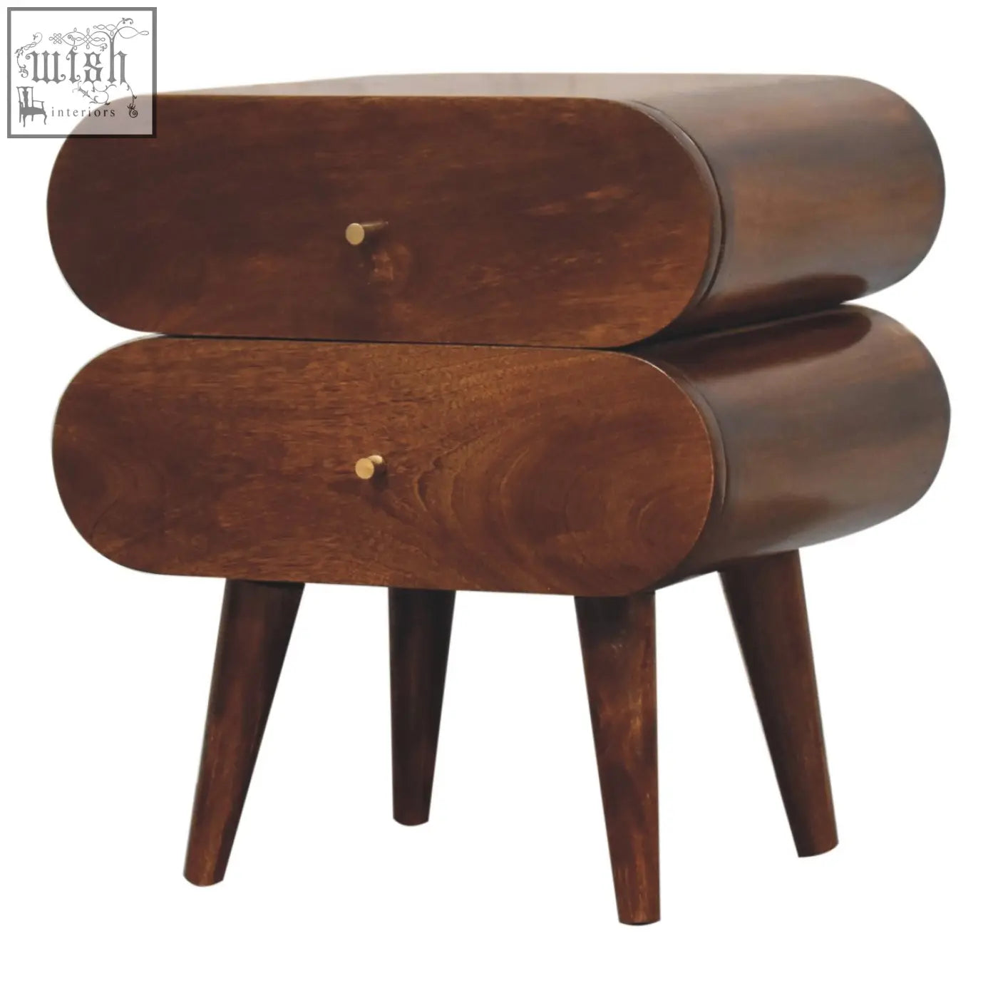 Dark brown bubble chestnut bedside table with two oval drawers and tapered legs made of solid mango wood