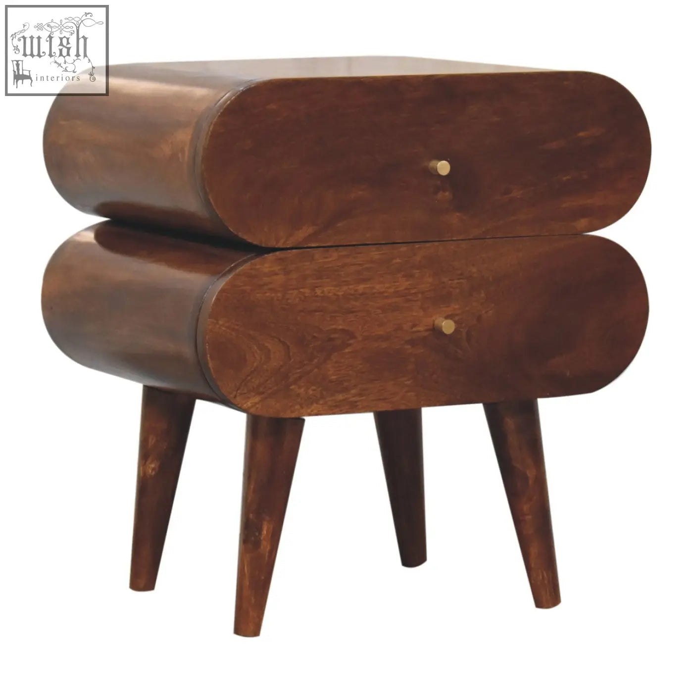 Rounded wooden bedside table with two drawers and tapered legs in solid mango wood bubble chestnut bedside design