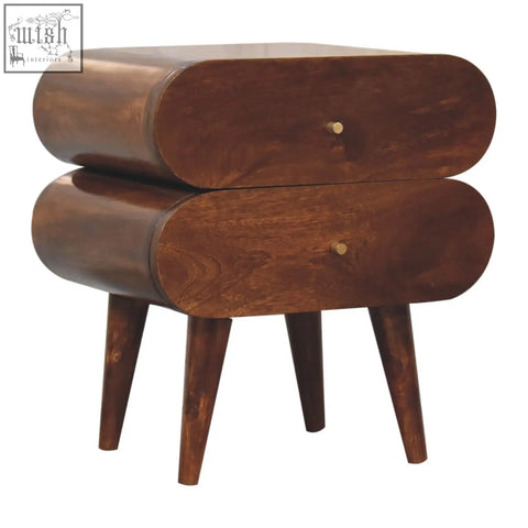 Rounded wooden bedside table with two drawers and tapered legs in solid mango wood bubble chestnut bedside design