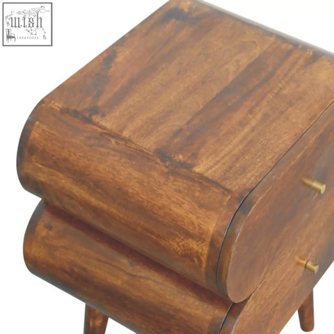 Rustic bubble chestnut bedside table with curved layered design solid mango wood and brass drawer pulls