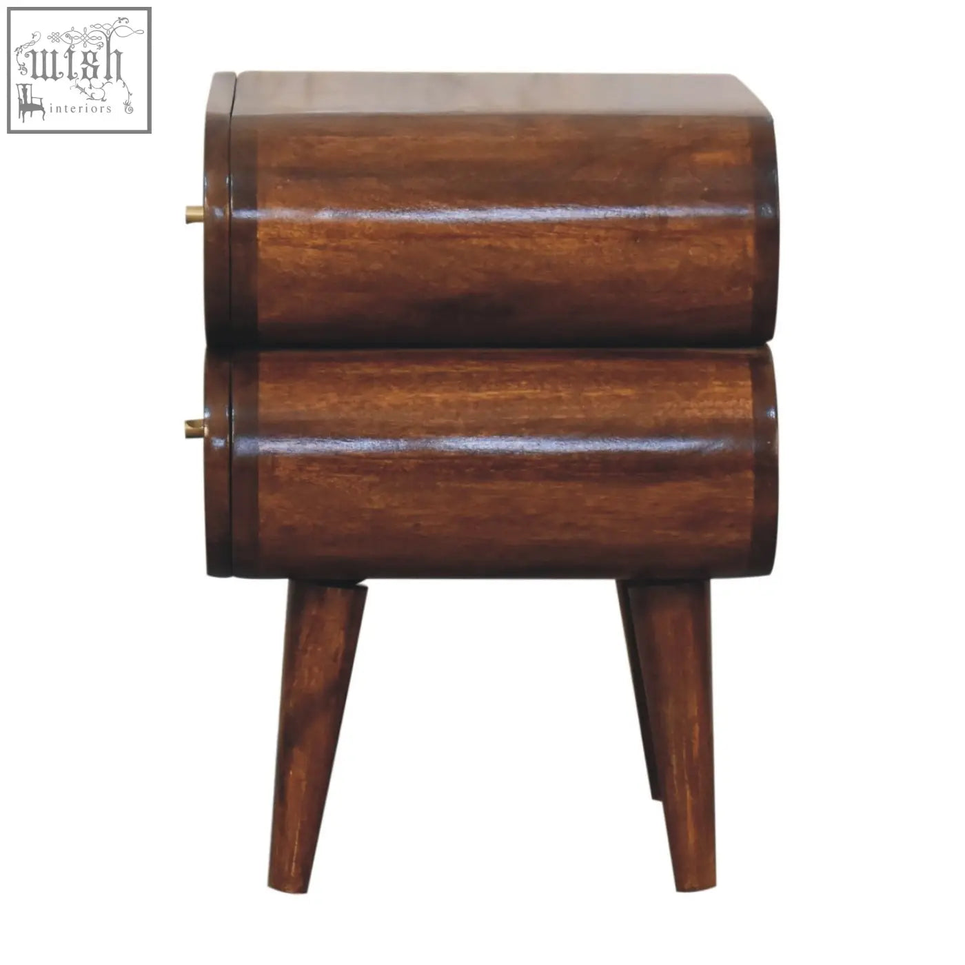 A sleek dark brown bubble chestnut bedside table made of solid mango wood with a cylindrical design and tapered legs