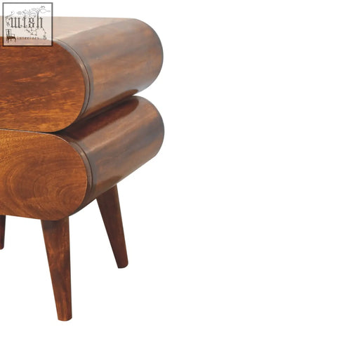 A sleek bubble chestnut bedside table in polished walnut wood with smooth contours and tapered legs