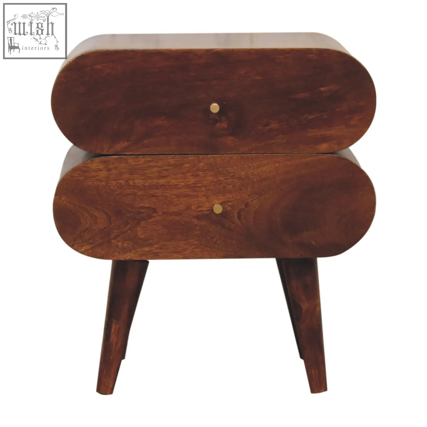 A sleek bubble chestnut bedside table with two drawers made of solid mango wood in dark brown finish