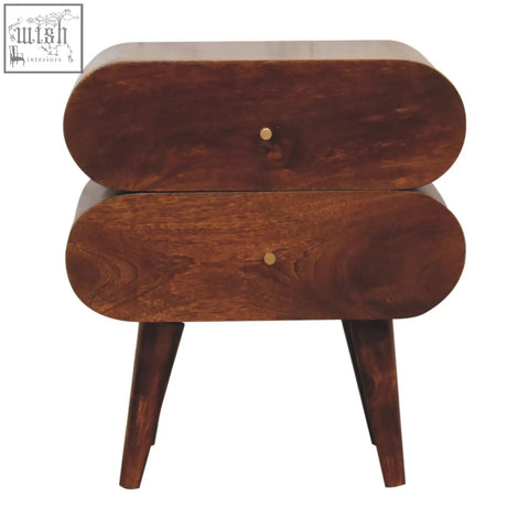 A sleek bubble chestnut bedside table with two drawers made of solid mango wood in dark brown finish