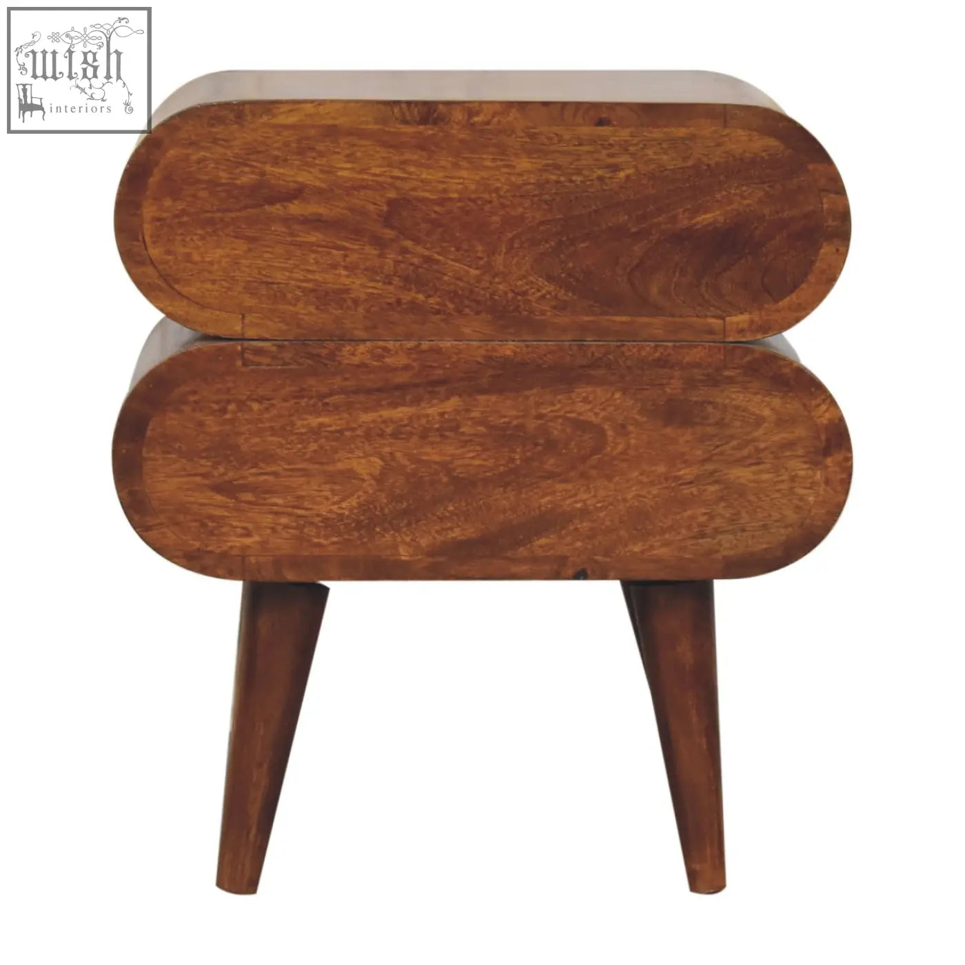 A sleek bubble chestnut bedside table with two oval drawers in rich brown solid mango wood and tapered legs