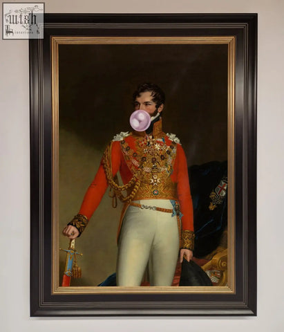 A framed bubble gum admiral wall art showing a man in an ornate red military uniform blowing a pink bubblegum bubble