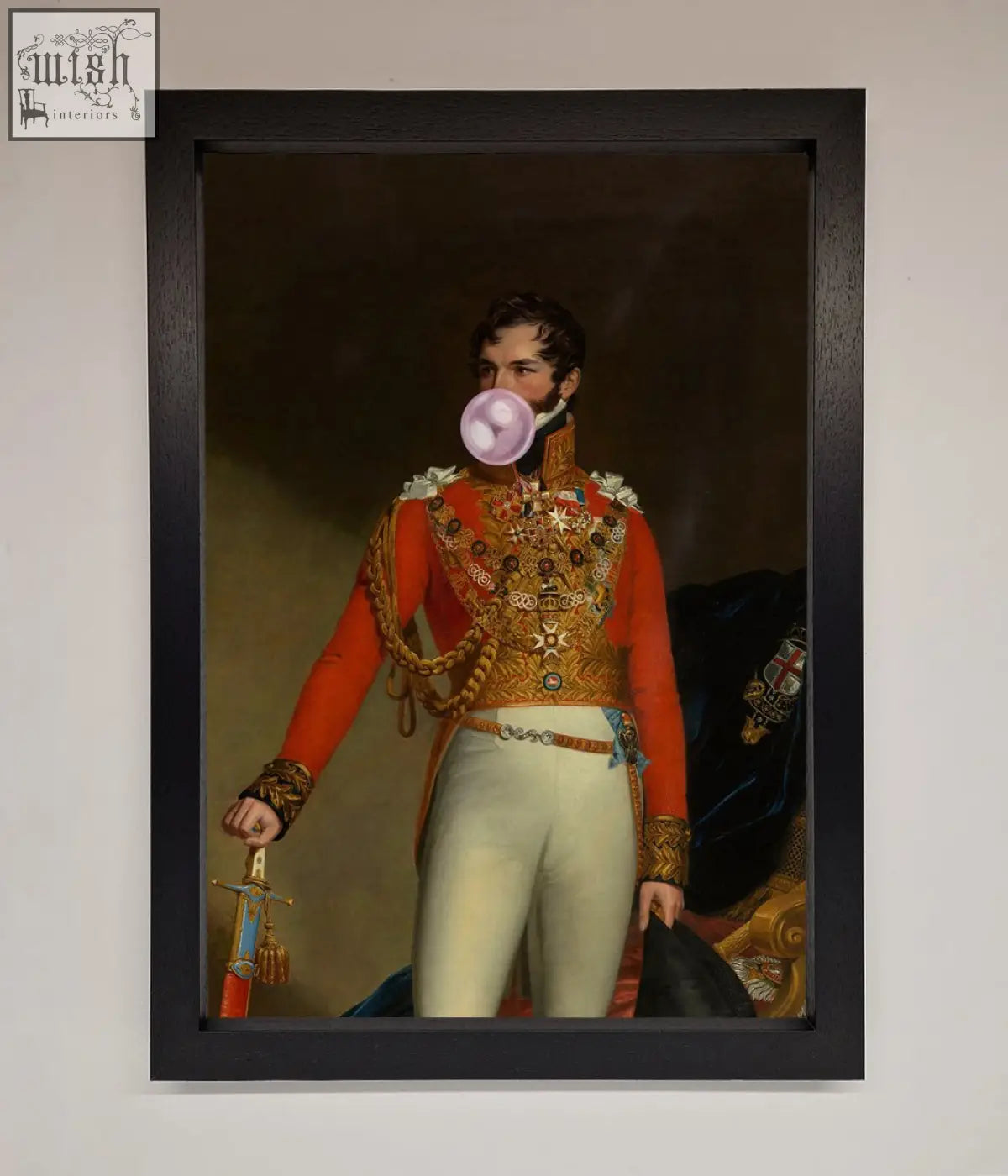 A bubble gum admiral framed wall art showing a man in an ornate red military uniform blowing a pink bubblegum bubble