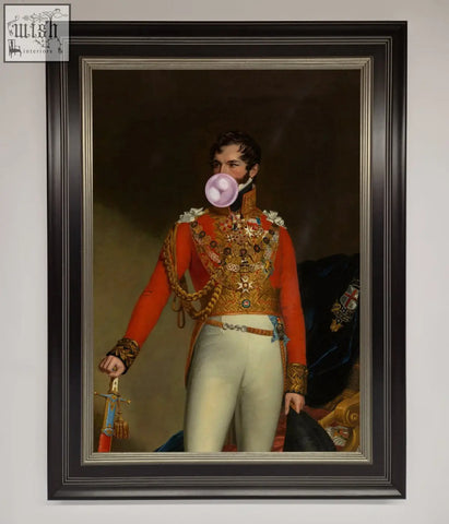 A bubble gum admiral framed wall art featuring a man in a red uniform blowing a pink bubblegum bubble