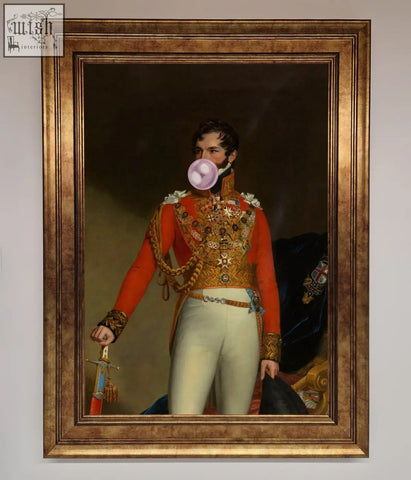 A gum admiral framed portrait of a man in a red embroidered military uniform blowing a pink bubblegum bubble