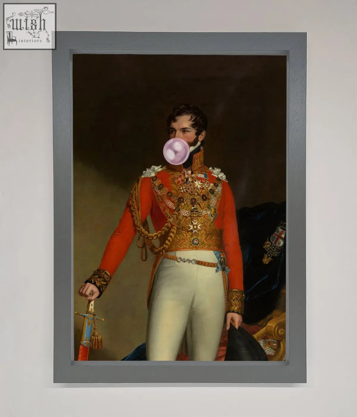 A bubble gum admiral framed wall art of a man in red and gold military uniform blowing a pink bubblegum bubble