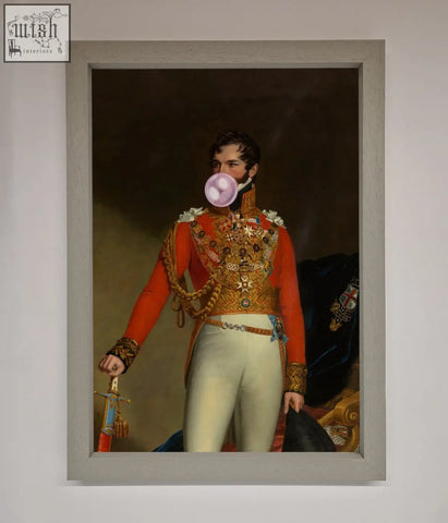A gum admiral framed portrait showing a man in red military uniform blowing a pink bubblegum bubble wall art