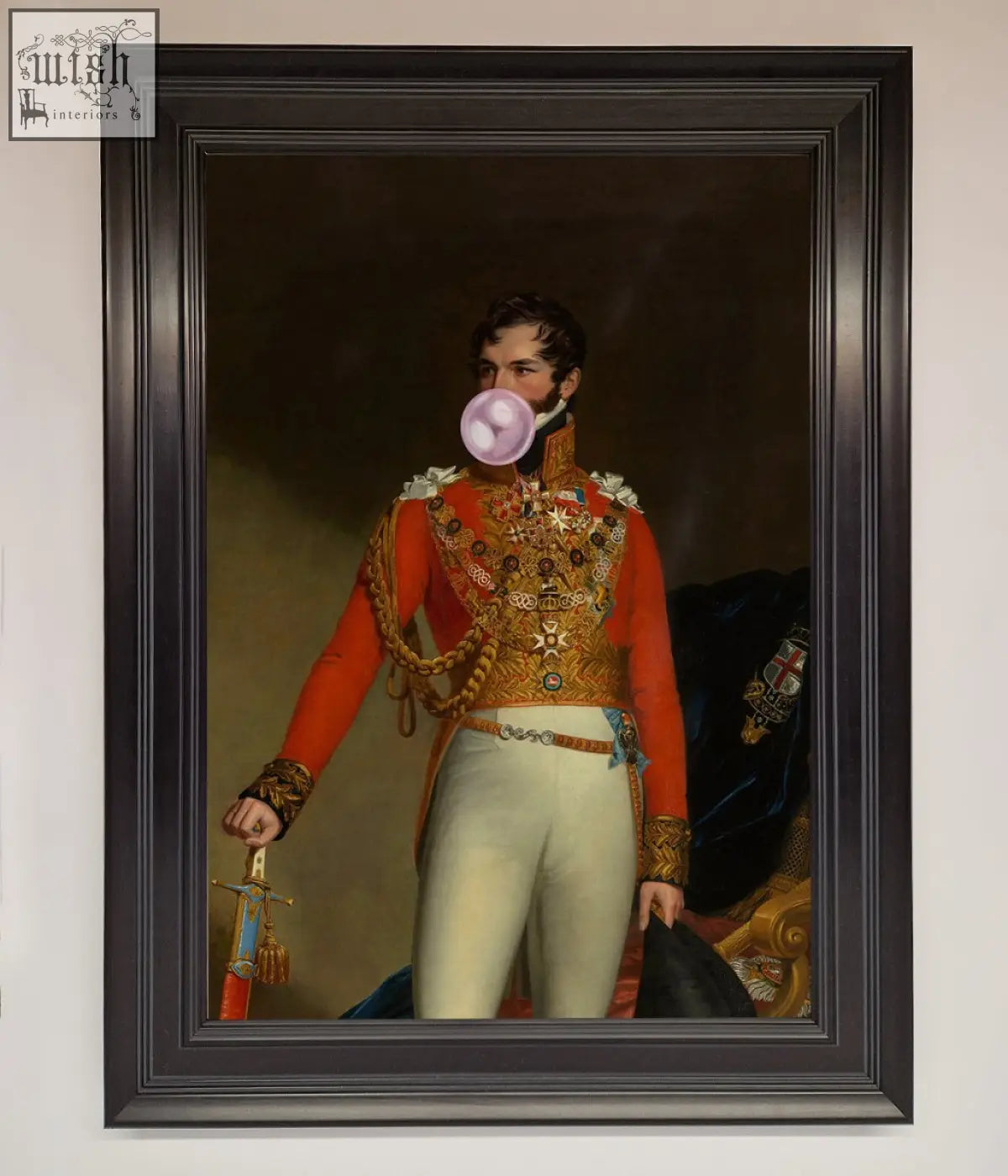 A gum admiral framed wall art showing a man in a red military uniform blowing a pink bubblegum bubble