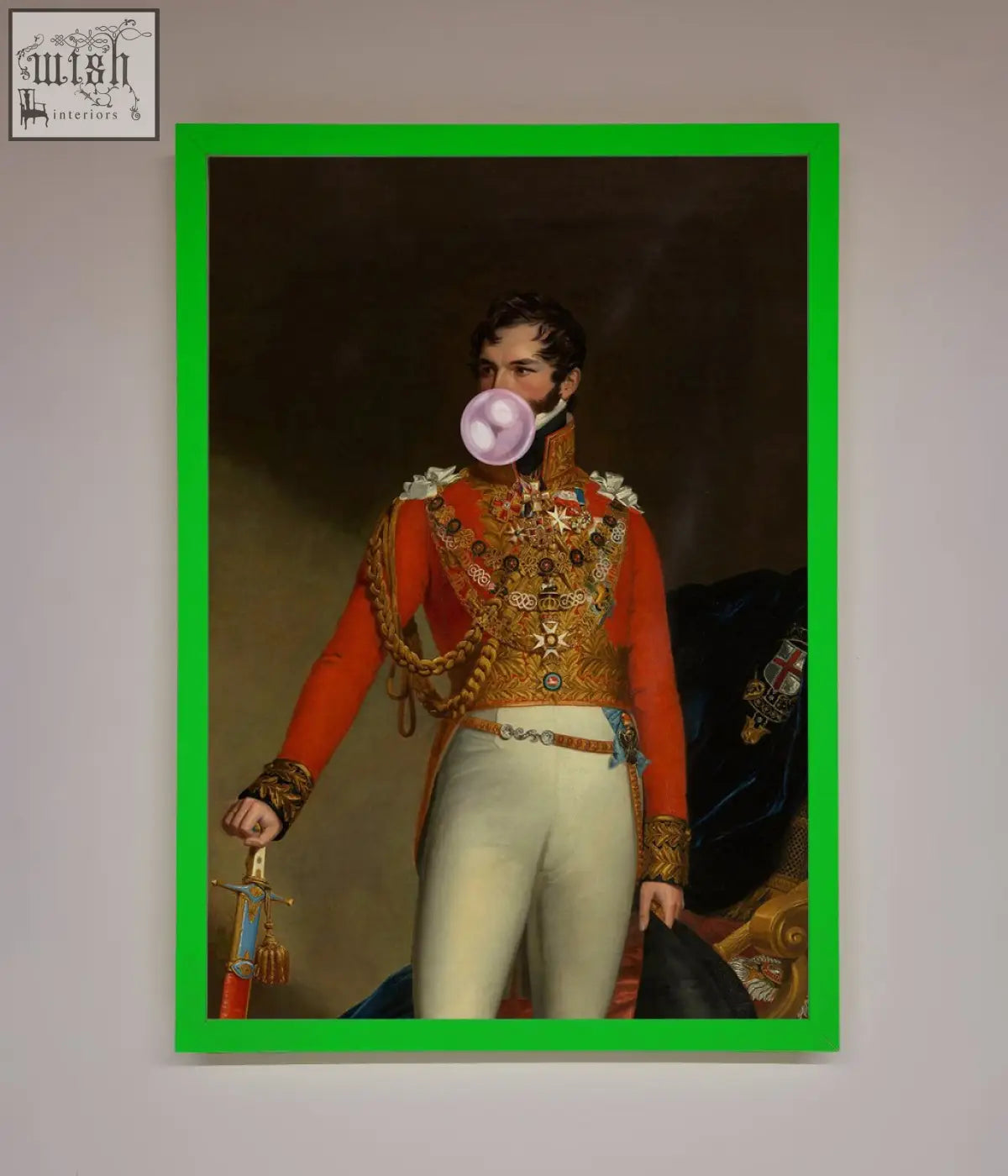 A vibrant green-framed bubble gum admiral portrait featuring a man in red and gold uniform blowing bubblegum bubble