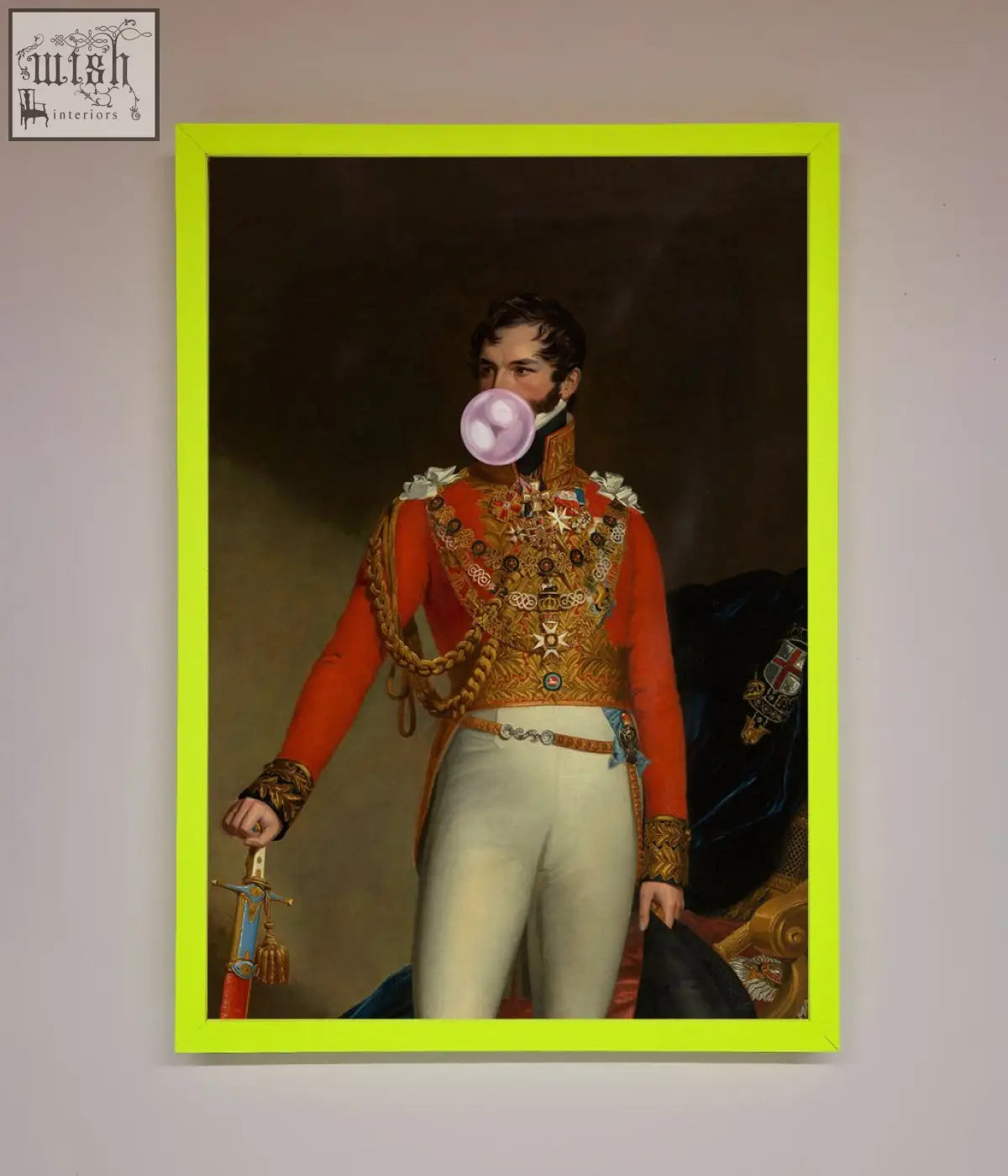 A vibrant lime green framed bubble gum admiral wall art featuring a man in a red and gold military uniform blowing gum