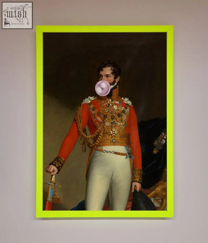 A vibrant lime green framed bubble gum admiral wall art featuring a man in a red and gold military uniform blowing gum