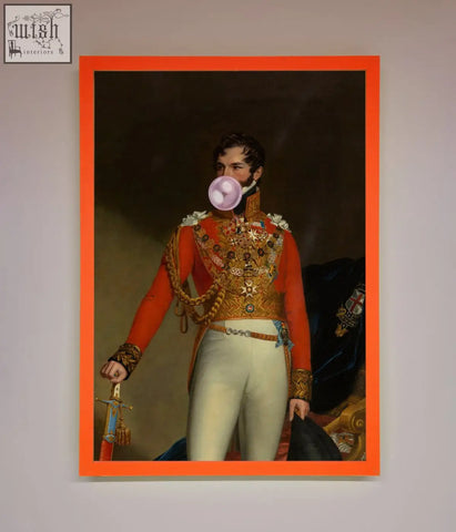 A vibrant bubble gum admiral framed wall art featuring a man in red ornate military uniform blowing pink bubblegum