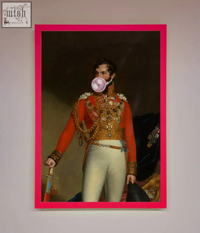 A vibrant pink-framed bubble gum admiral wall art showing a man in ornate red and gold military uniform blowing gum