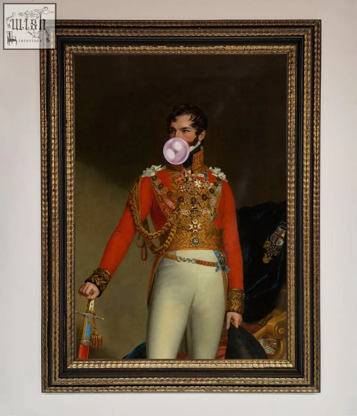 A bubble gum admiral framed wall art featuring a man in a red military uniform blowing a pink bubblegum bubble