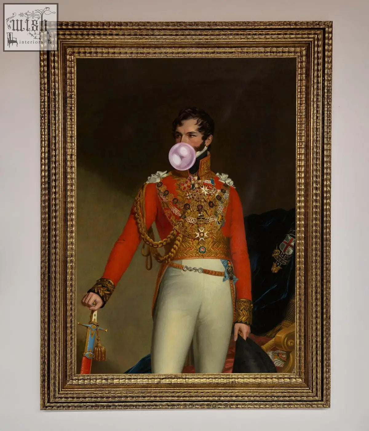 A bubble gum admiral framed wall art featuring a man in a red military uniform with gold epaulets holding a sword