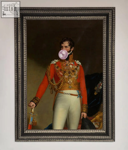 A gum admiral framed wall art featuring a man in a red and gold military uniform blowing pink bubble gum bubble