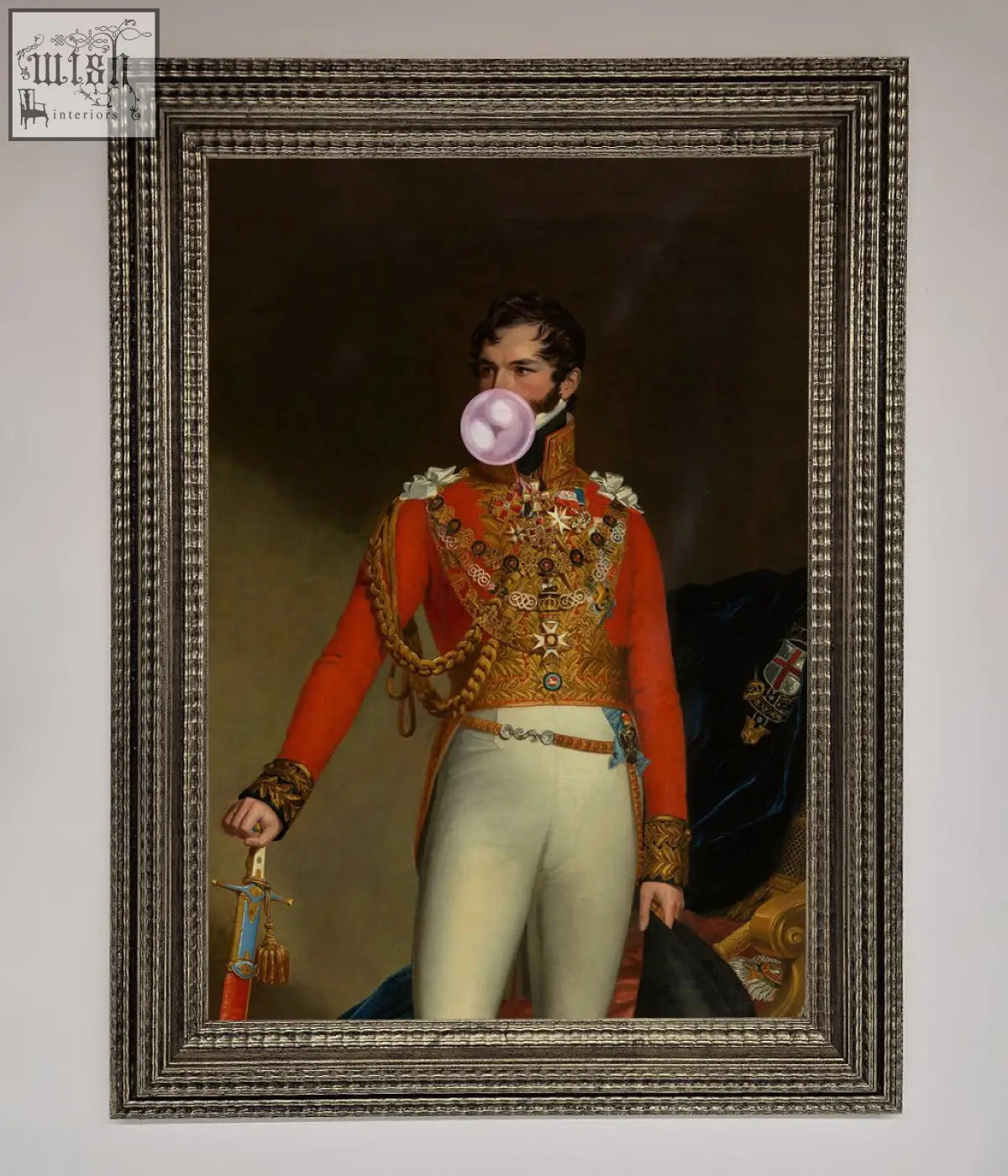 A bubble gum admiral framed portrait of a man in red and gold military uniform blowing a pink bubblegum bubble