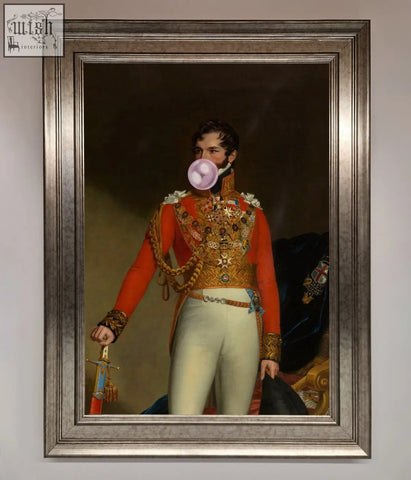 A gum admiral framed wall art showing a man in a red and gold uniform blowing a pink bubblegum bubble