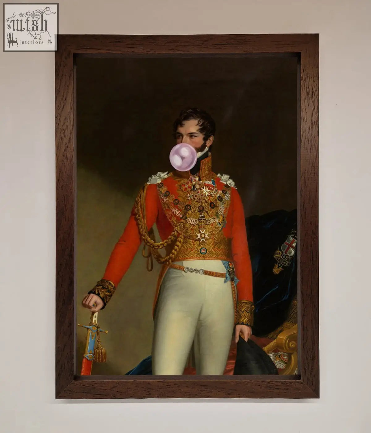 A bubble gum admiral framed wall art showing a man in red military uniform blowing a pink bubblegum bubble