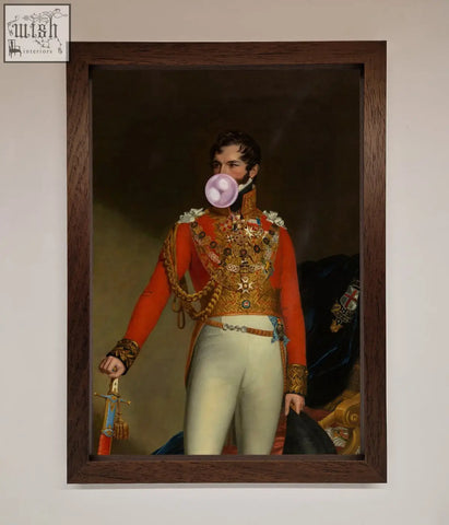 A bubble gum admiral framed wall art showing a man in red military uniform blowing a pink bubblegum bubble