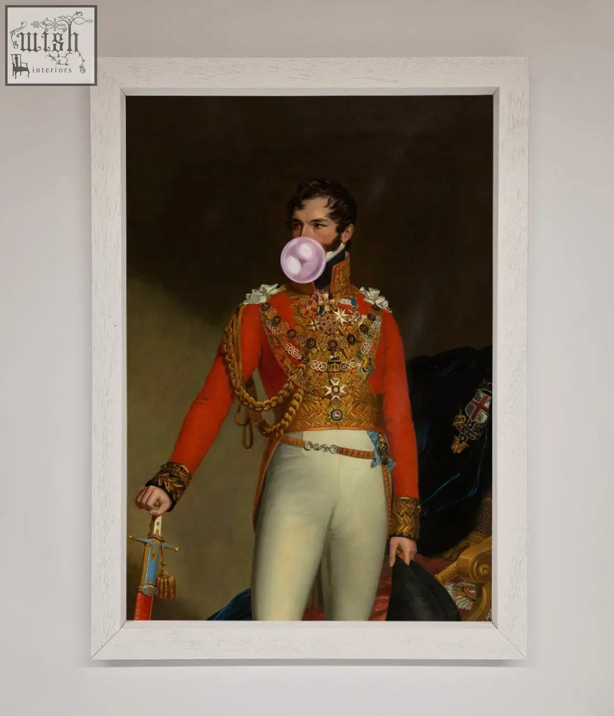 A bubble gum admiral framed wall art featuring a man in red and gold uniform blowing a pink bubblegum bubble