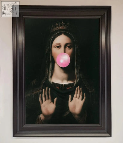A framed bubble gum renaissance print showing a classical crowned portrait blowing a bright pink bubblegum bubble