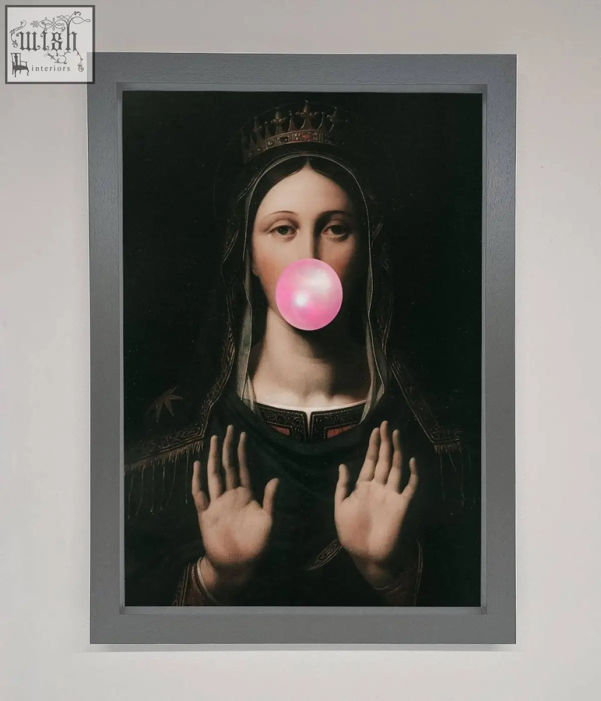 A bubble gum renaissance framed print featuring a crowned figure in dark clothes blowing a bright pink bubblegum bubble