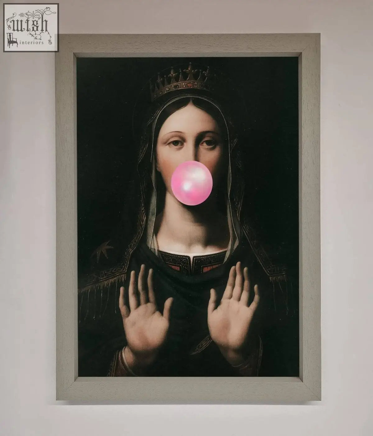 A framed print of a crowned figure in dark clothes blowing bright pink bubble gum capturing bubble gum renaissance humor