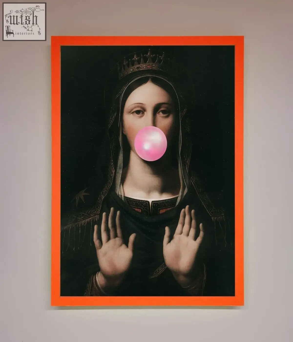 A vibrant orange-framed bubble gum renaissance print showing a crowned figure with hands raised and a pink bubblegum bubble