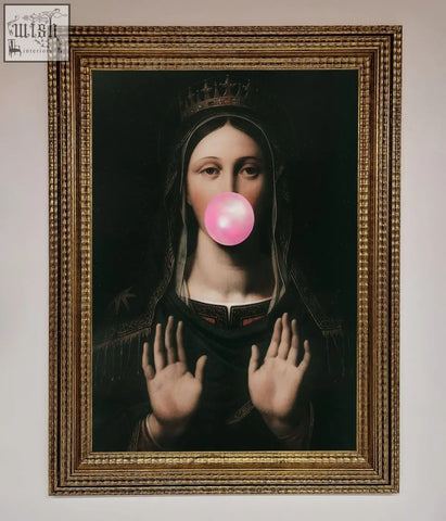 A framed bubble gum renaissance print showing the virgin mary in dark robes blowing a bright pink bubble gum bubble